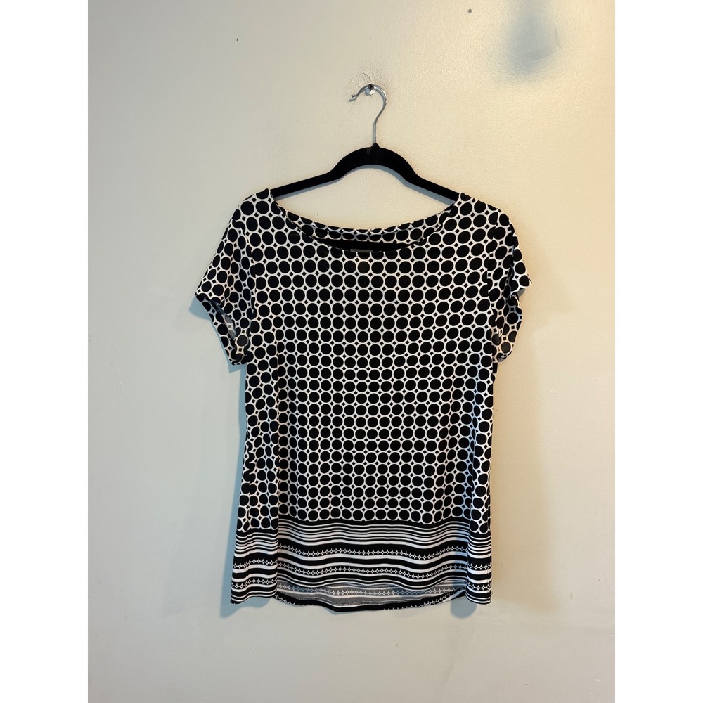 Chicos Black White Geometric Circle Print Short Sleeve Top Size 1 M Boat Neck